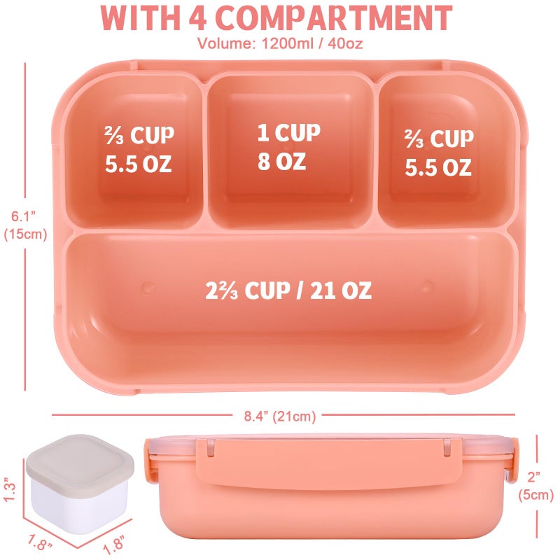 shell and turtle Bento Box Adult Lunch Box, Lunch Containers for Kids Girls Boys with 4 Compartments, Lunchable Food Container with Utensils, Sauce Jar, Muffin Liners, 40 Oz/5 Cup, Microwave & Dishwasher Safe, Pink - Image 2