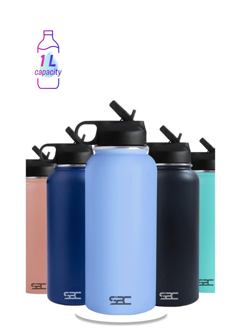 S2C Stainless Steel Water Bottle 1L,32oz Double Wall Vacuum Insulated Water Bottle, BPA Free Water Bottle for Kids School with Straw lid- Thermos Water Flask for Hot Water, Water Bottle  - Image 1