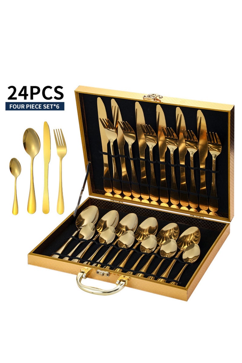 ام تي اس طقم أدوات مائدة وملاعق من الفولاذ المقاوم للصدأ MTS 304، طقم أدوات مائدة أنيق مع حقيبة سفر، طقم أدوات مائدة مسننة لمطعم منزلي لـ 6 أشخاص، علبة هدايا فاخرة، سطح مصقول مقاوم للصدأ - Image 1