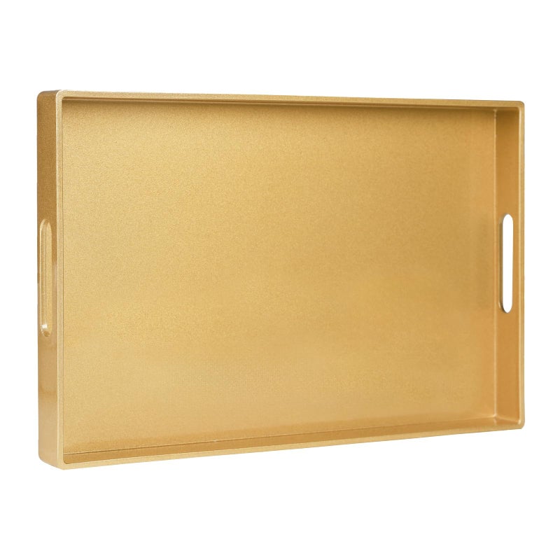 MAONAME Gold Decorative Tray for Coffee Table, Modern Serving Tray with Handles, Plastic Ottoman Trays for Living Room, Bathroom Decor, 15.8" L x 10.2" W x 1.4" H - Image 1