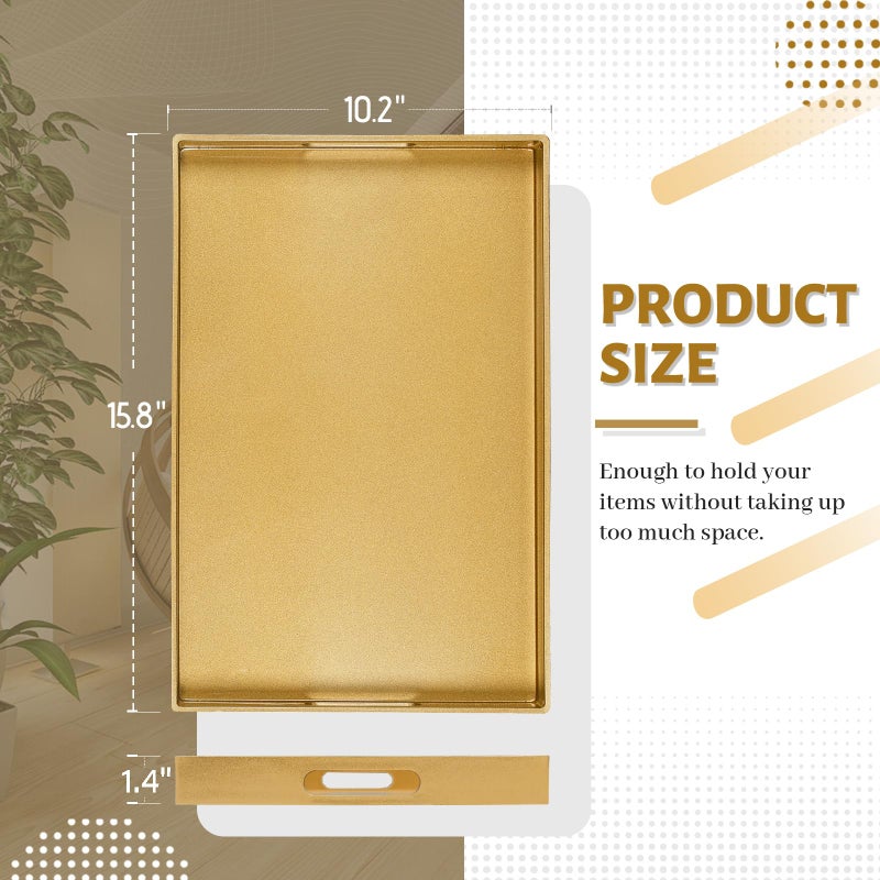 MAONAME Gold Decorative Tray for Coffee Table, Modern Serving Tray with Handles, Plastic Ottoman Trays for Living Room, Bathroom Decor, 15.8" L x 10.2" W x 1.4" H - Image 2