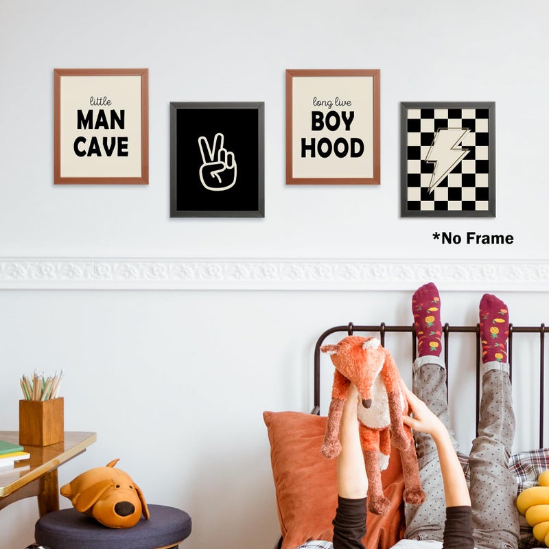 AEHIE Little Man Cave Retro Preppy Checkered Lightning Peace Sign Long Live Boyhood Poster Prints for Boy Teen Room Dorm Decor  Preppy Yellowish-Black Decorations Prints Wall Art Unframed 4pcs 8x10inches - Image 2
