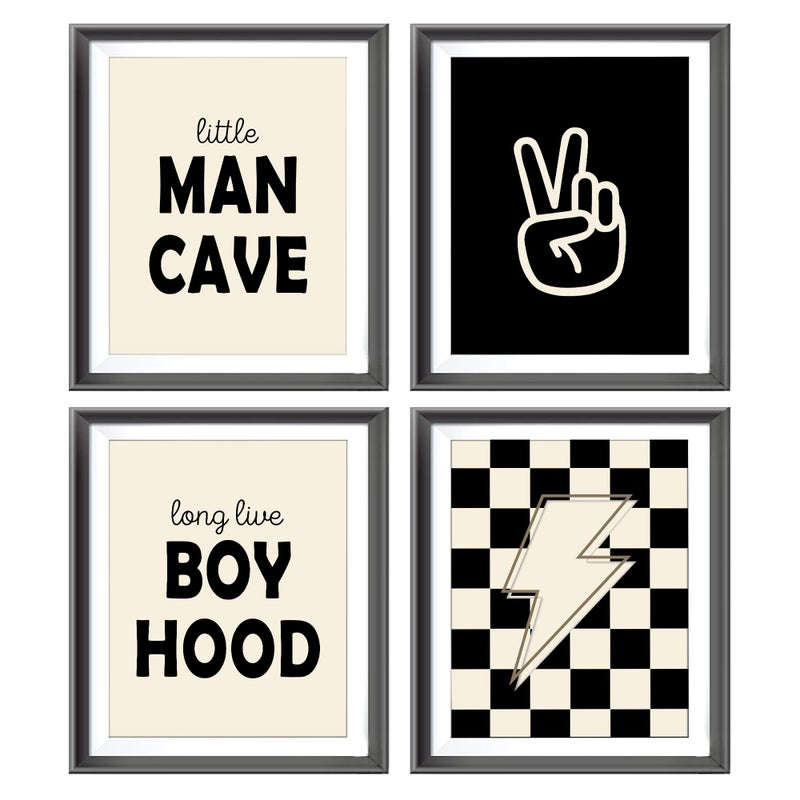 AEHIE Little Man Cave Retro Preppy Checkered Lightning Peace Sign Long Live Boyhood Poster Prints for Boy Teen Room Dorm Decor  Preppy Yellowish-Black Decorations Prints Wall Art Unframed 4pcs 8x10inches - Image 1