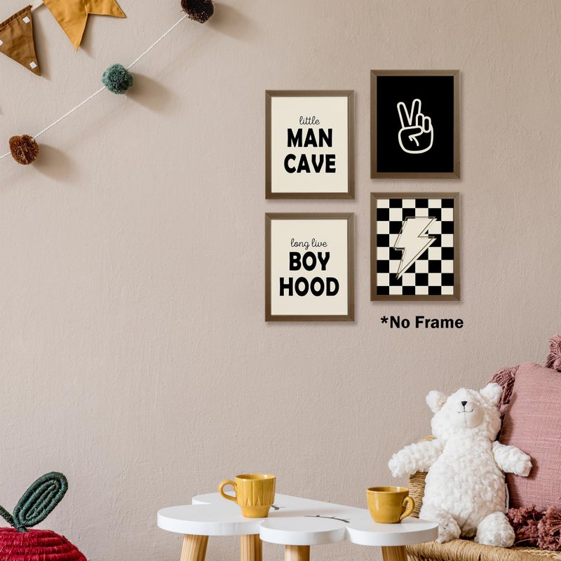 AEHIE Little Man Cave Retro Preppy Checkered Lightning Peace Sign Long Live Boyhood Poster Prints for Boy Teen Room Dorm Decor  Preppy Yellowish-Black Decorations Prints Wall Art Unframed 4pcs 8x10inches - Image 4