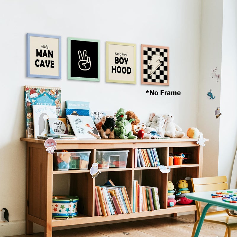 AEHIE Little Man Cave Retro Preppy Checkered Lightning Peace Sign Long Live Boyhood Poster Prints for Boy Teen Room Dorm Decor  Preppy Yellowish-Black Decorations Prints Wall Art Unframed 4pcs 8x10inches - Image 3