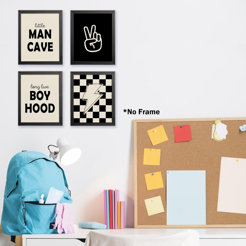 AEHIE Little Man Cave Retro Preppy Checkered Lightning Peace Sign Long Live Boyhood Poster Prints for Boy Teen Room Dorm Decor  Preppy Yellowish-Black Decorations Prints Wall Art Unframed 4pcs 8x10inches - Image 5