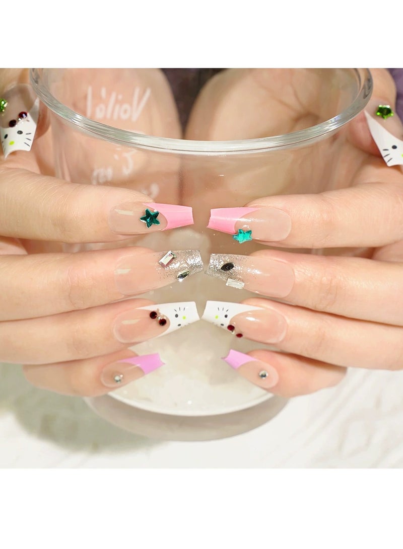 Goolsky Long Press On Nails – Pink Purple French Cute Cat Star False Nail Tips, 24pcs Reusable Sweet Style - Image 3