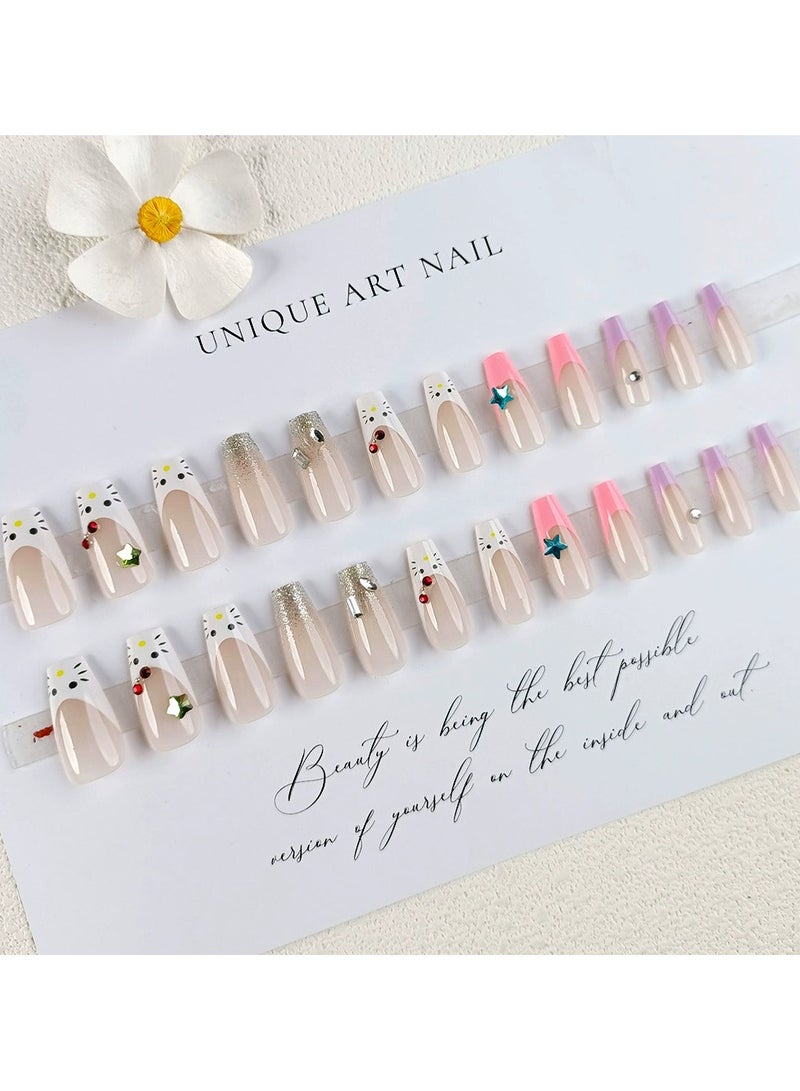 Goolsky Long Press On Nails – Pink Purple French Cute Cat Star False Nail Tips, 24pcs Reusable Sweet Style - Image 5