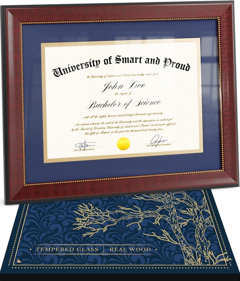 SMART&PROUD Wooden College Diploma Frame 8.5 x 11 with Mat (Blue /w Golden Rim) â€” Real Wood, Real Glass â€” Gift-Ready Packed Graduation Gift â€” Certificate Holder â€” Document Frame For Bachelors and Masters Degree - Image 1