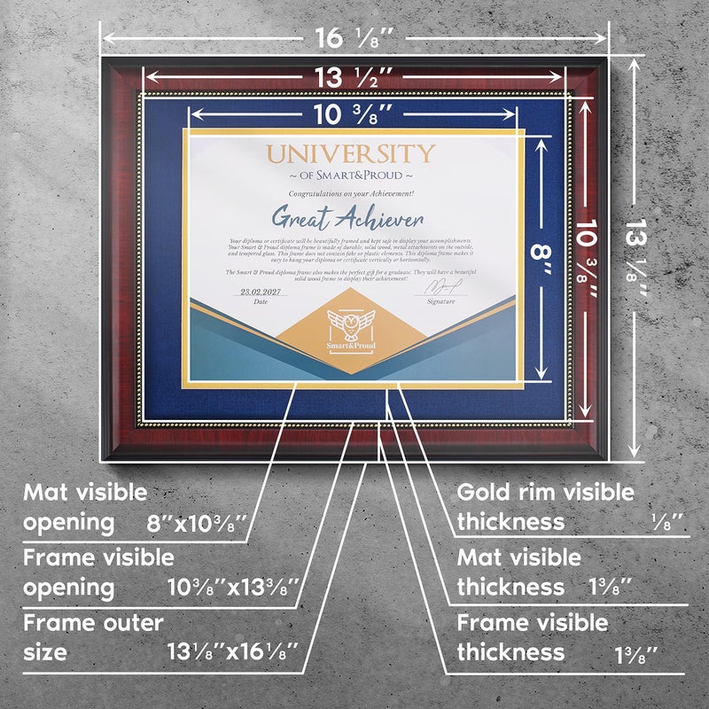 SMART&PROUD Wooden College Diploma Frame 8.5 x 11 with Mat (Blue /w Golden Rim) â€” Real Wood, Real Glass â€” Gift-Ready Packed Graduation Gift â€” Certificate Holder â€” Document Frame For Bachelors and Masters Degree - Image 2