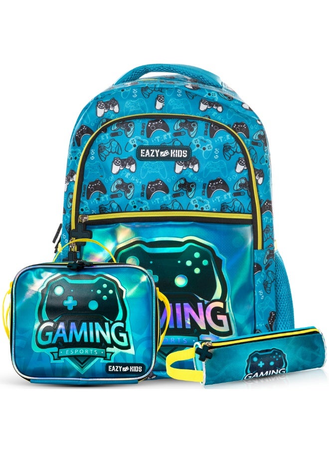Eazy Kids 16" Set of 3 Backpack w/ Lunch Bag and Pencil Case - Gaming - Image 1