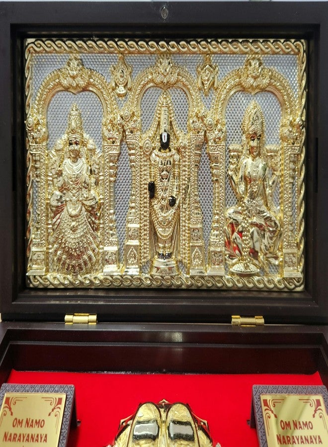 ARNAVIRA Gold Plated Lord Balaji Lakshmi Padmavathi Photo Frame with Charan Paduka Pocket Temple for Diwali Gift, House Warming Gifts, Return Gift Puja Box (Brown Gold, Tirupati Balaji) - Image 3