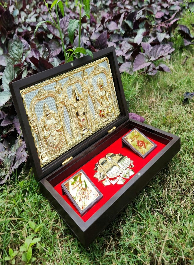 ARNAVIRA Gold Plated Lord Balaji Lakshmi Padmavathi Photo Frame with Charan Paduka Pocket Temple for Diwali Gift, House Warming Gifts, Return Gift Puja Box (Brown Gold, Tirupati Balaji) - Image 2