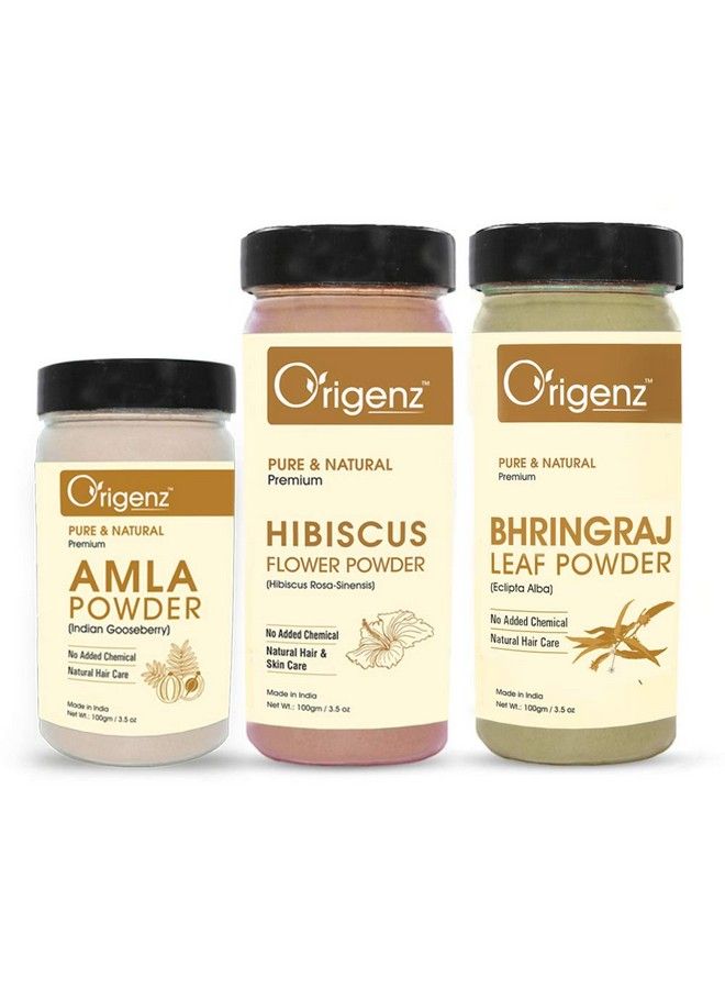 Origenz Amla Bhringraj And Hibiscus Powders Combo Pack For Hair Care Healthy Scalp Conditioning Mask ; Rosasinensis ; Indian Gooseberry ; Eclipta Alba ; 300Gm - Image 1
