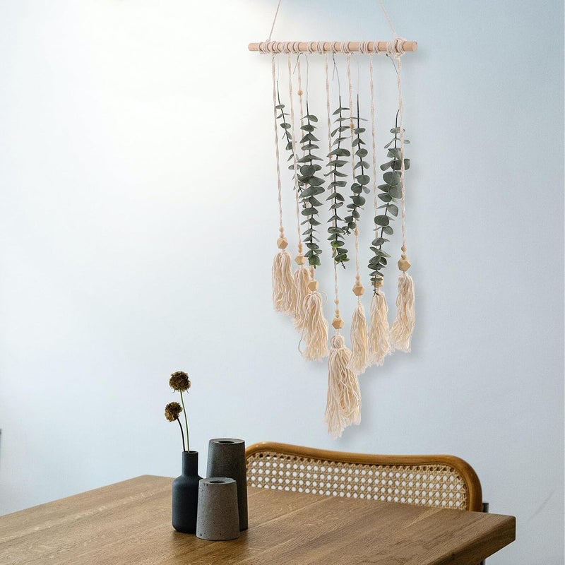 Gadpiparty Macrame Woven Wall Hanging with Artificial Leaf Rustic Cotton Thread Plant Decor for Living Boho Style DIY Cotton Thread and Wood Bead Wall Art Housewarming - Image 5