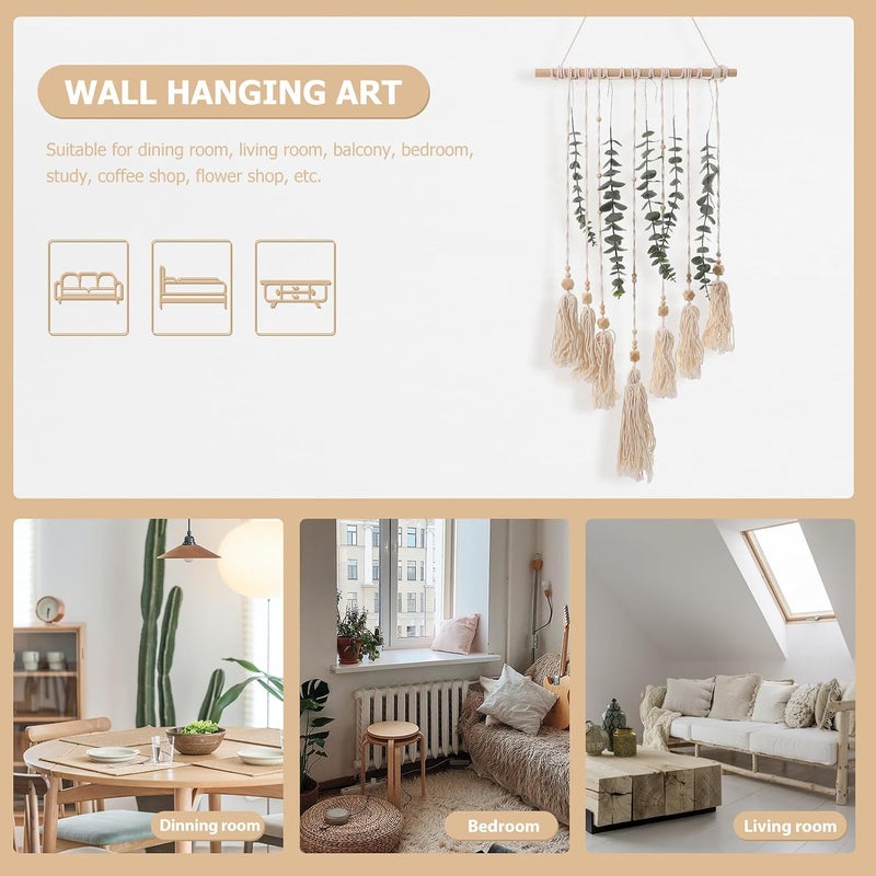 Gadpiparty Macrame Woven Wall Hanging with Artificial Leaf Rustic Cotton Thread Plant Decor for Living Boho Style DIY Cotton Thread and Wood Bead Wall Art Housewarming - Image 3