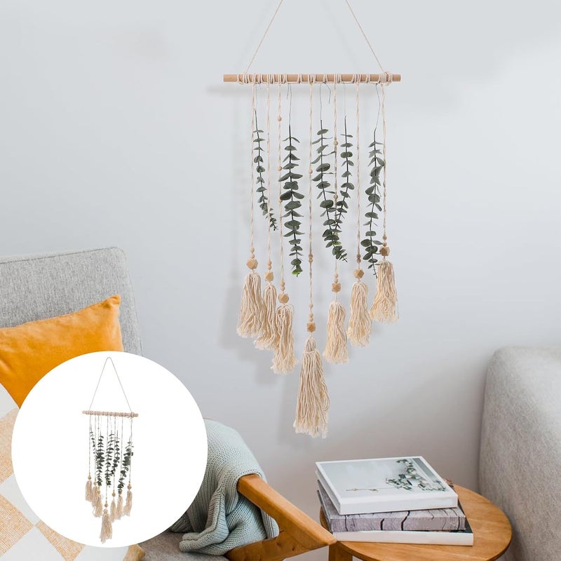 Gadpiparty Macrame Woven Wall Hanging with Artificial Leaf Rustic Cotton Thread Plant Decor for Living Boho Style DIY Cotton Thread and Wood Bead Wall Art Housewarming - Image 4