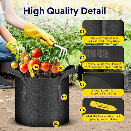 iPower 7 Gallon 5 Pack Grow Bags Nonwoven Fabric Pots Aeration Container with Strap Handles for Garden and Planting, 5-Pack Black, 7 Gallon - Image 4