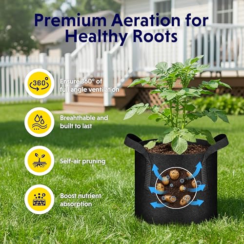 iPower 7 Gallon 5 Pack Grow Bags Nonwoven Fabric Pots Aeration Container with Strap Handles for Garden and Planting, 5-Pack Black, 7 Gallon - Image 2
