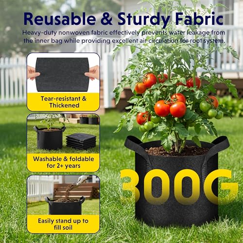 iPower 7 Gallon 5 Pack Grow Bags Nonwoven Fabric Pots Aeration Container with Strap Handles for Garden and Planting, 5-Pack Black, 7 Gallon - Image 3