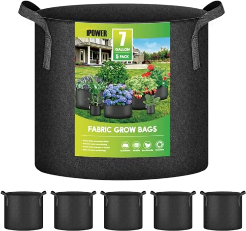 iPower 7 Gallon 5 Pack Grow Bags Nonwoven Fabric Pots Aeration Container with Strap Handles for Garden and Planting, 5-Pack Black, 7 Gallon - Image 1