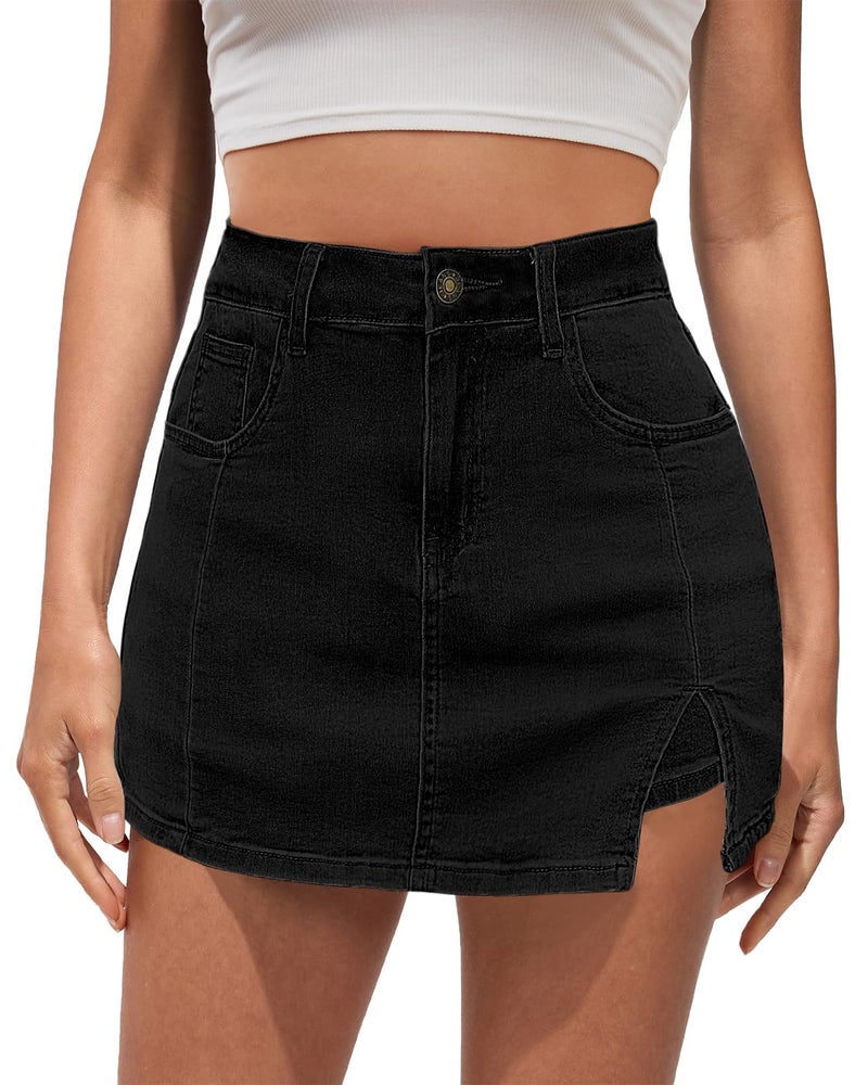 Vetinee Skorts Skirts for Women with Pockets Women's Jean Shorts Split Shorts Black Shorts for Women Jeans Skort Soft Black Small Fits Size 4 / Size 6 - Image 1