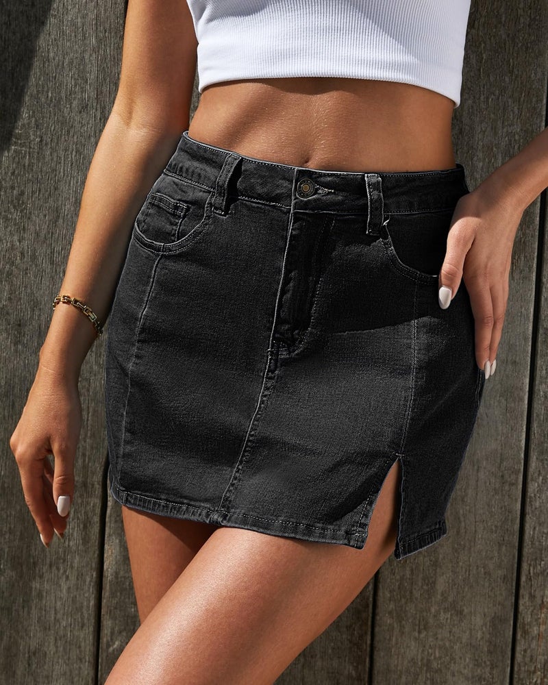 Vetinee Skorts Skirts for Women with Pockets Women's Jean Shorts Split Shorts Black Shorts for Women Jeans Skort Soft Black Small Fits Size 4 / Size 6 - Image 3
