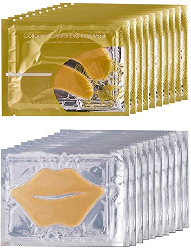 Theshiry 10 Pairs Collagen Crystal Eye Mask and 10 Pcs Collagen Crystal Lip Mask Anti Aging Eye and Lip Mask Collagen Crystal Mask Set Gold