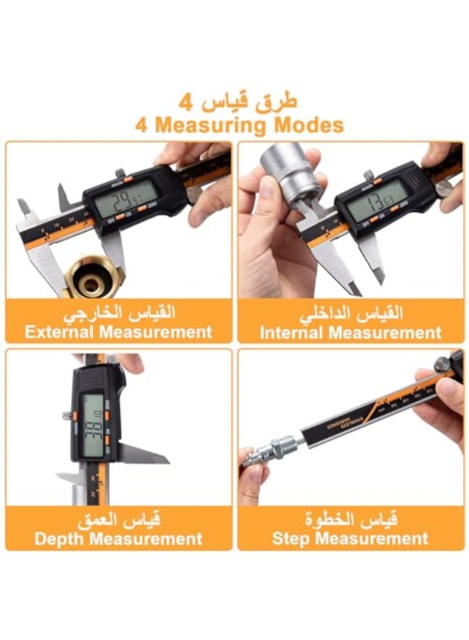 Digital Vernier Caliper 0-6"/0-150mm Caliper Measuring Tool with LCD Screen Inch MM Fraction Conversion Stainless Steel Auto-Off Electronic Micrometer Caliper for Inside Outside Depth Step Measurement - Image 3