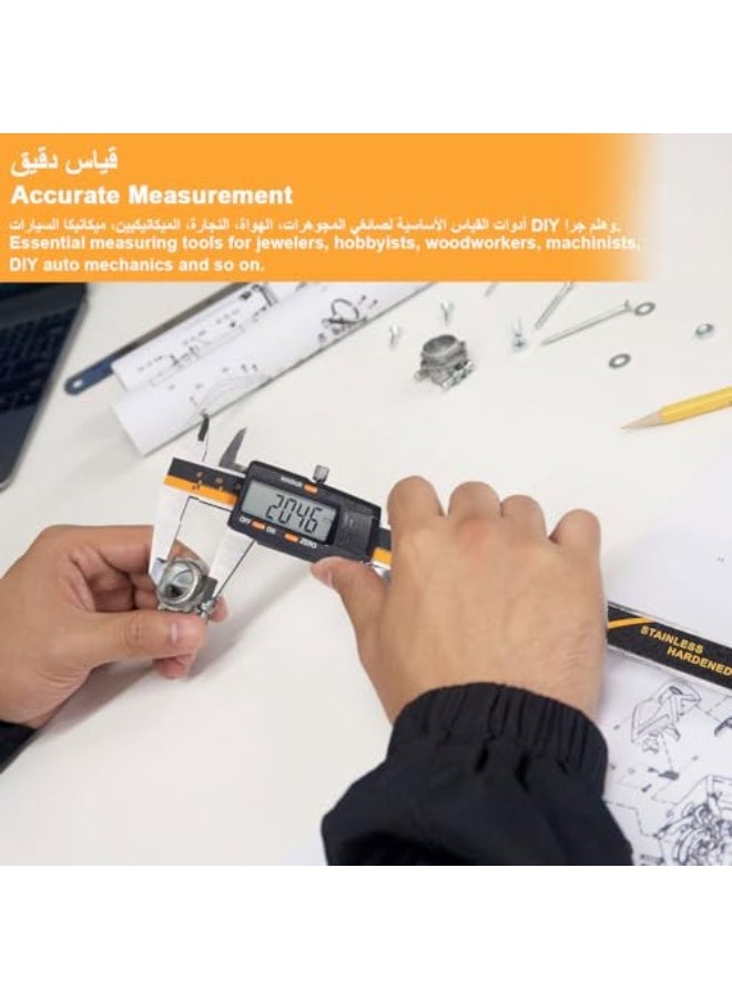 Digital Vernier Caliper 0-6"/0-150mm Caliper Measuring Tool with LCD Screen Inch MM Fraction Conversion Stainless Steel Auto-Off Electronic Micrometer Caliper for Inside Outside Depth Step Measurement - Image 2