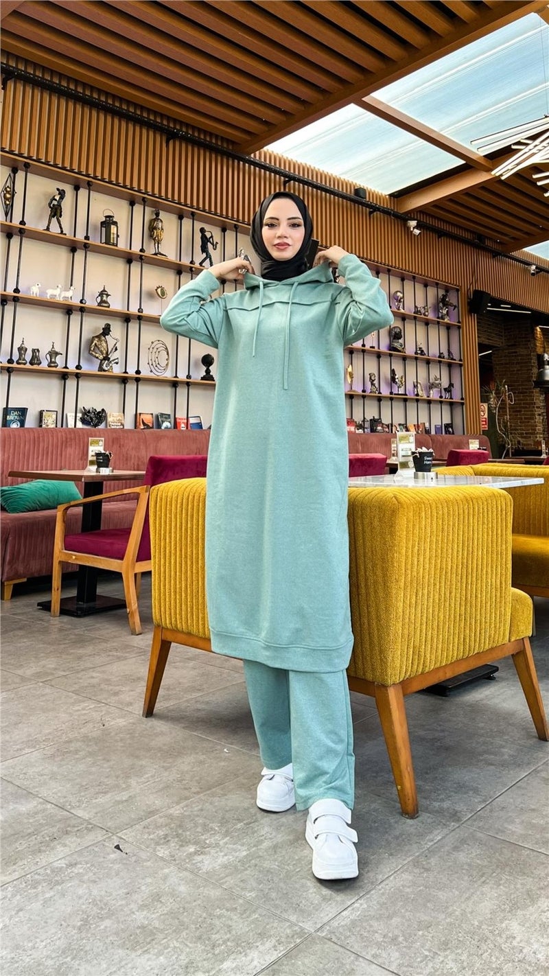 بي ويست بدلة رياضية مزدوجة بقلنسوة وفتحة جانبية - 3034 - أخضر زيتي  - Image 3