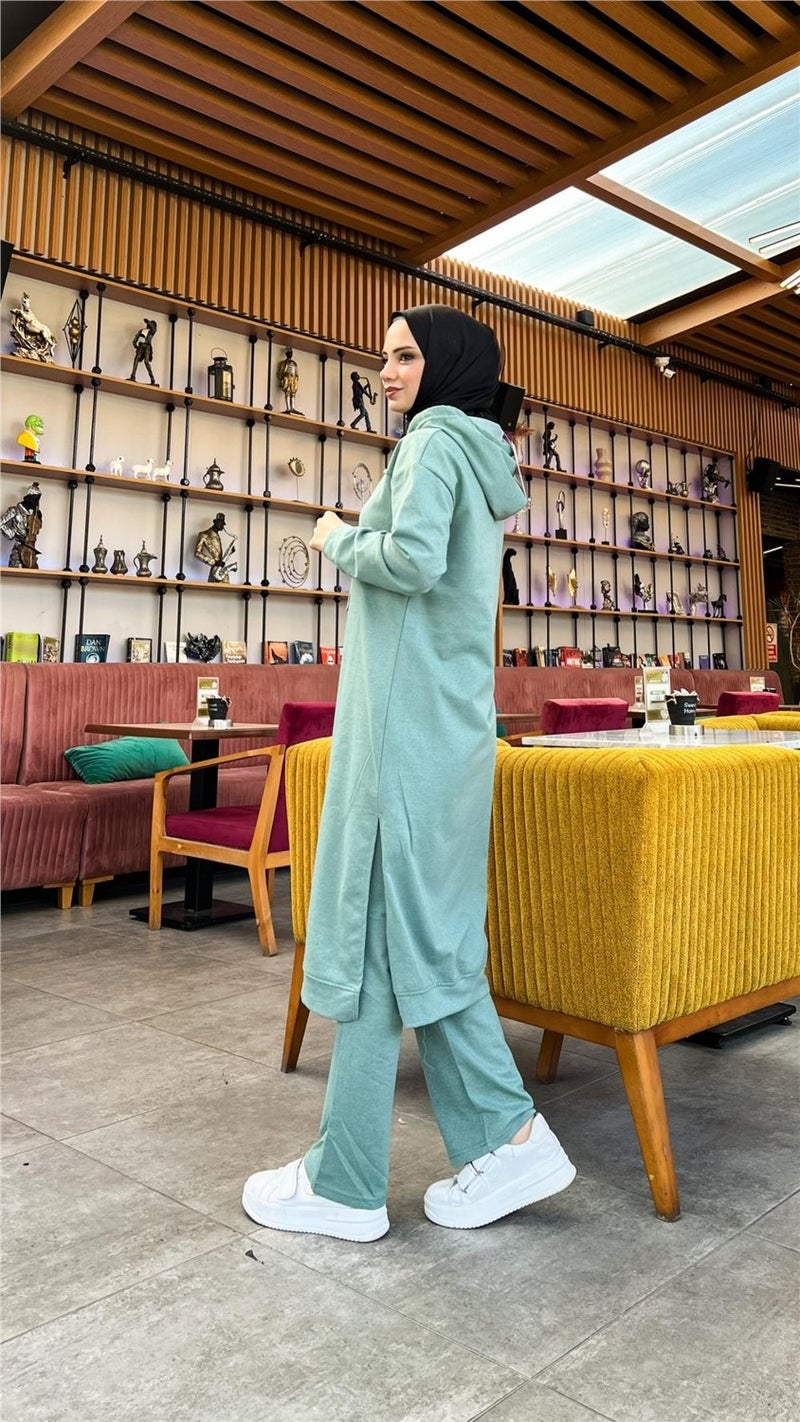 بي ويست بدلة رياضية مزدوجة بقلنسوة وفتحة جانبية - 3034 - أخضر زيتي  - Image 5