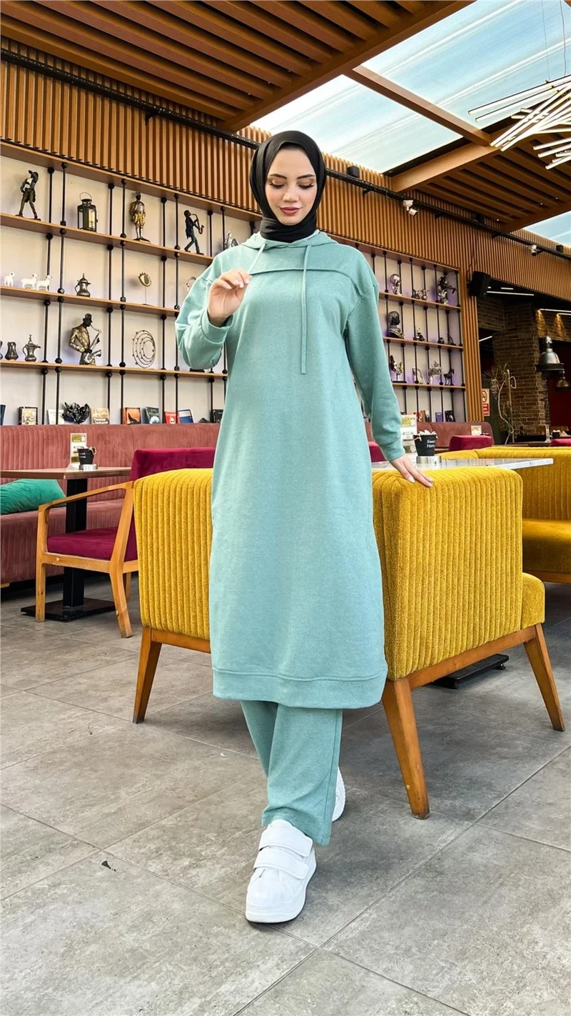Bwest Long Tunic Hooded Side Slit Double Sports Suit - 3034 - Age Green