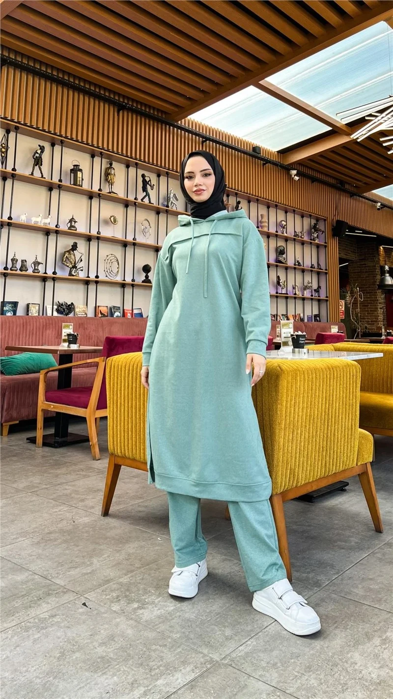 Bwest Long Tunic Hooded Side Slit Double Sports Suit - 3034 - Age Green