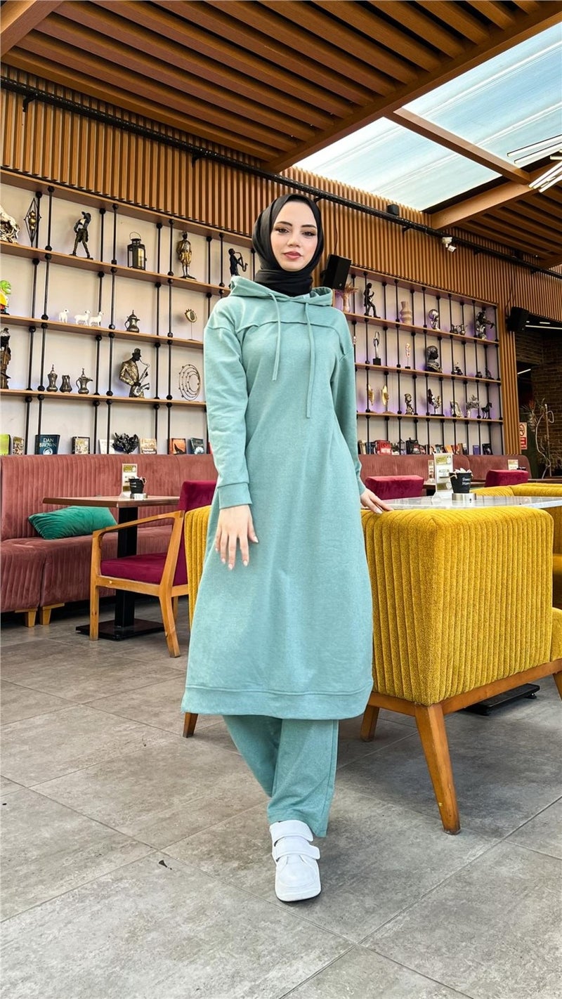 بي ويست بدلة رياضية مزدوجة بقلنسوة وفتحة جانبية - 3034 - أخضر زيتي  - Image 4