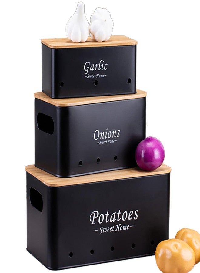 Simcat Kitchen Vegetable Storage Tins Set of 3, Potato Onion Garlic Kitchen Storage Canisters, Vegetable bin Keeper Containers with Aerating Holes and Wooden Lid (Black) - Image 1