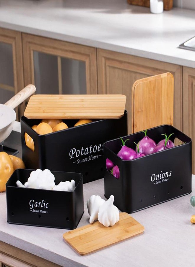 Simcat Kitchen Vegetable Storage Tins Set of 3, Potato Onion Garlic Kitchen Storage Canisters, Vegetable bin Keeper Containers with Aerating Holes and Wooden Lid (Black) - Image 2