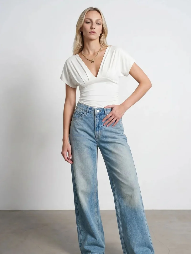 ديلفين DILVIN Slim Fit V-Neck Tie Detail Blouse