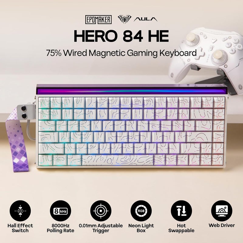 EPOMAKER Aula Hero84 HE Wired Hall Effect Keyboard with RGB Lightbox, 0.01mm Adjustable Actuation, 8KHz Polling, 0.125ms Latency, Snap Key, SOCD, Magnetic Gaming Keyboard (White Topographic) - Image 2