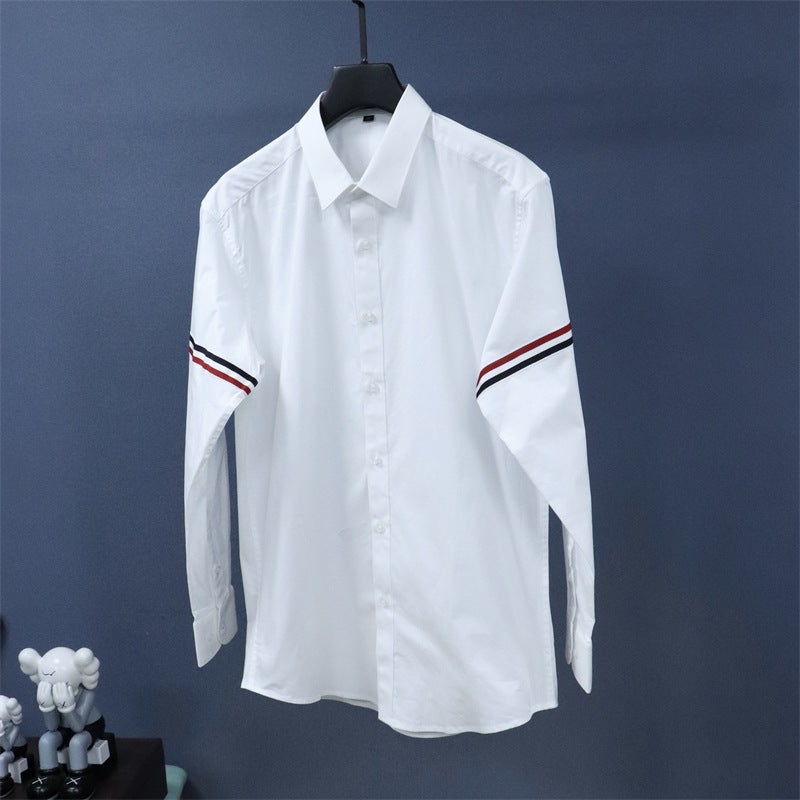 Add large size European goods sleeve three-color webbing business casual long sleeve shirt shirt fat fat guy base single wear White - Image 1