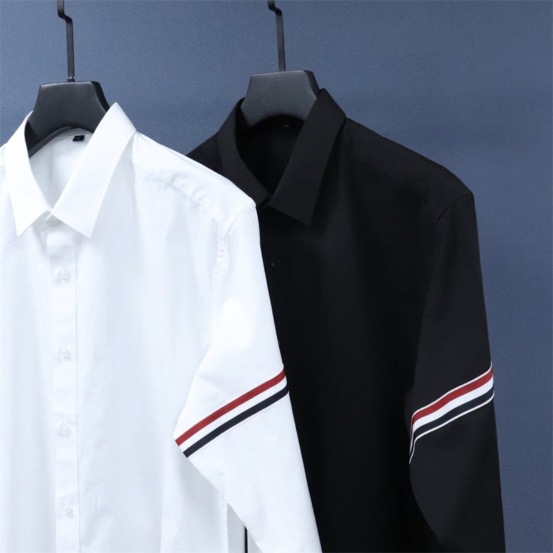 Add large size European goods sleeve three-color webbing business casual long sleeve shirt shirt fat fat guy base single wear White - Image 4