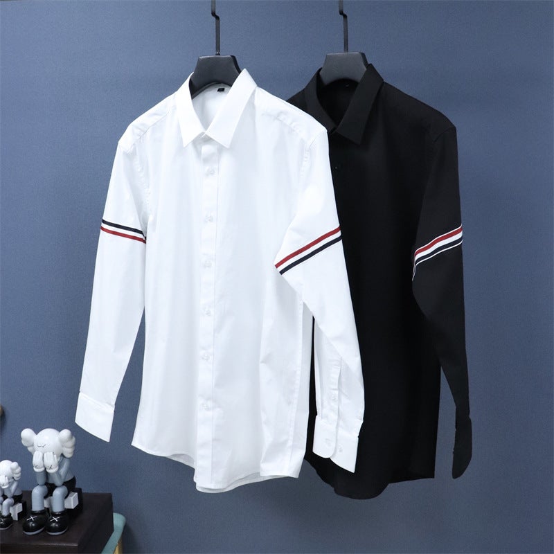 Add large size European goods sleeve three-color webbing business casual long sleeve shirt shirt fat fat guy base single wear White - Image 3