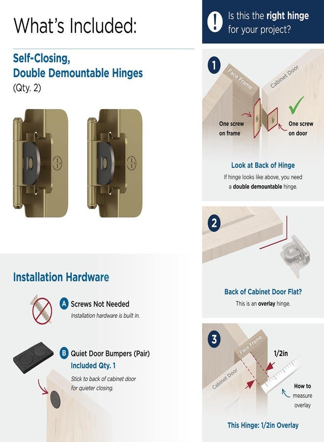 Amerock BPR8704BBZ | Cabinet Hinge | 1/2 in (13 mm) Overlay Double Demountable | Golden Champagne | Kitchen Cabinet Door Hinge | 1 Pair/2 Pack | Functional Hardware - Image 3