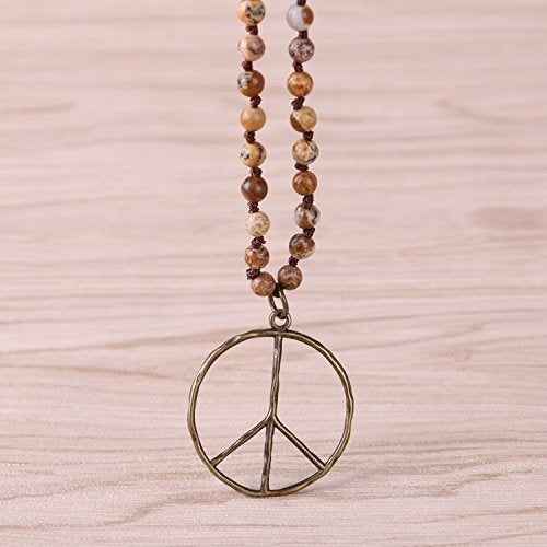 KELITCH Classic Peace Sign Necklace Love Hippie Pendant Frosted Crystal Beaded Necklace for Women (Grey White) - Image 3