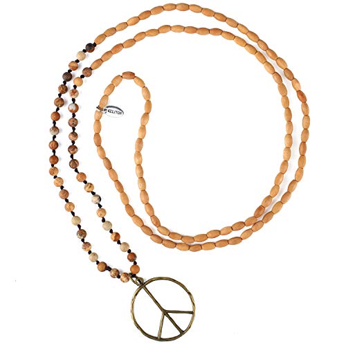 KELITCH Classic Peace Sign Necklace Love Hippie Pendant Frosted Crystal Beaded Necklace for Women (Grey White) - Image 1