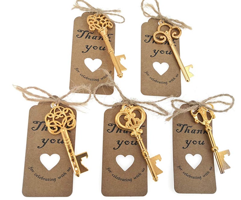 ALIMITOPIA 50pcs Skeleton Key Bottle Opener Bridal Shower Wedding Party Favor Souvenir Gift with Escort Tag and Jute RopeGold Tone