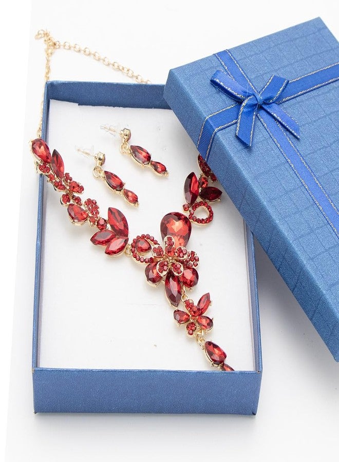 Zthread Rhinestone Crystal Bridal Necklace Floarl Teardrop Collar Necklace Dangle Earrings Jewelry Set for Women (Red) - Image 4