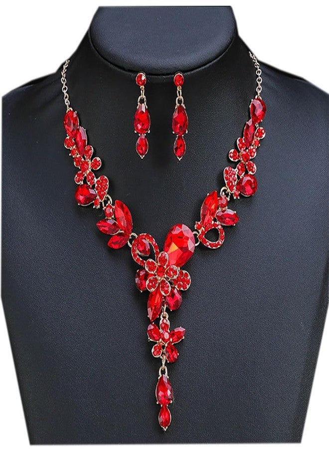Zthread Rhinestone Crystal Bridal Necklace Floarl Teardrop Collar Necklace Dangle Earrings Jewelry Set for Women (Red) - Image 3