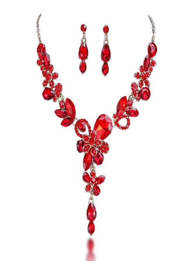 Zthread Rhinestone Crystal Bridal Necklace Floarl Teardrop Collar Necklace Dangle Earrings Jewelry Set for Women (Red) - Image 1