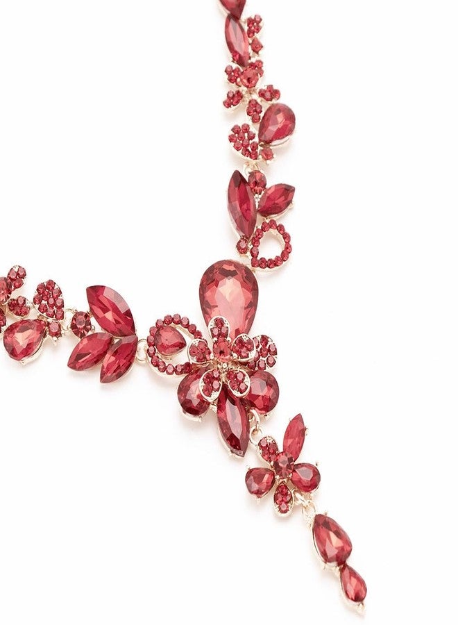 Zthread Rhinestone Crystal Bridal Necklace Floarl Teardrop Collar Necklace Dangle Earrings Jewelry Set for Women (Red) - Image 5